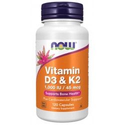 NOW Foods Vitamin D-3 & K-2, 120 Caps - 120 Servings